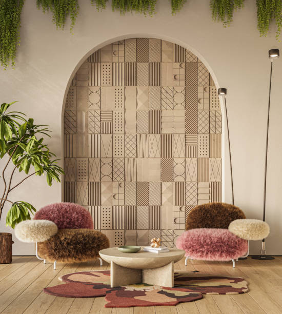 istock Mockup interior design of modern apartment with arch wall. Copy space. Template, 3d rendering 2152070599