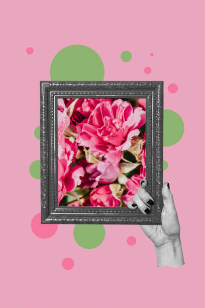 istock Minimalistic digital collage with pink roses in a frame and a hand holding it. 2152072510