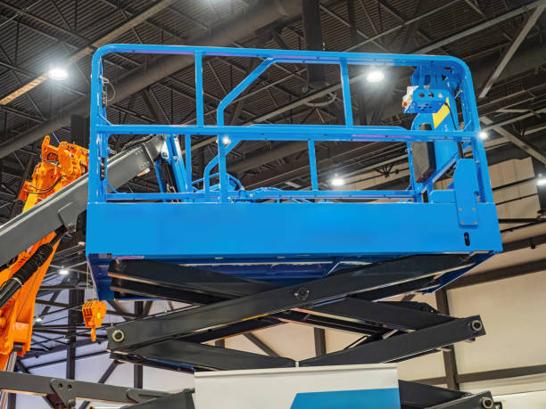 Hydraulic lift table. Equipment for high-altitude work. Hydraulic construction equipment. Hydraulic lifting table under roof of buildings. Concept for rental of special construction equipment