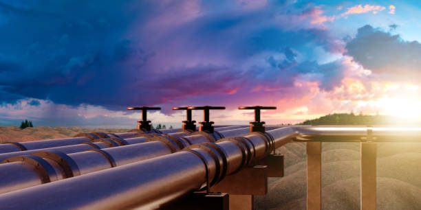istock Pipeline Valves at Sunset, Overseeing a Hilly Terrain Under Dramatic Sky 3d image 2152072728
