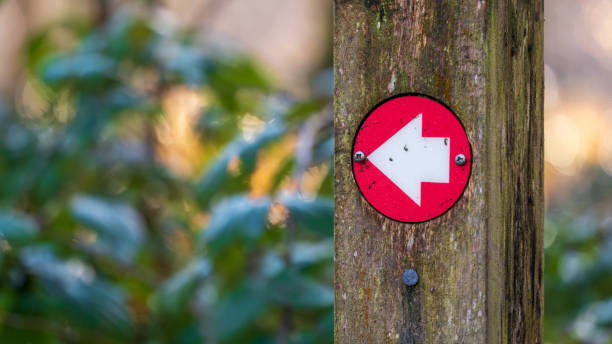 istock Red arrows way marker sign on a trail 2152074557