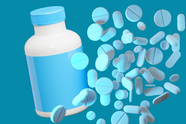 istock Pills from pharmacy. Drug capsules on turquoise. Pharmacological substances. Plastic jar for pills. Packing with pills. Pharmacy ads template. Pharm industries. Painkiller, analgesics. 3d image 2152077033