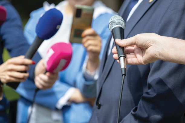 istock Press conference, news conference or media event. Public relations - PR. 2152077540