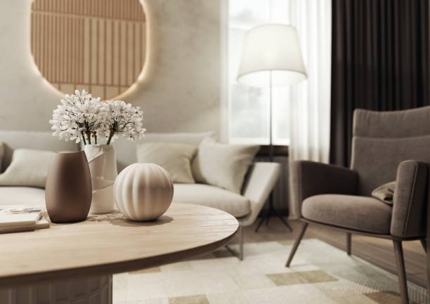 Living room interior designed in subdued warm shades.