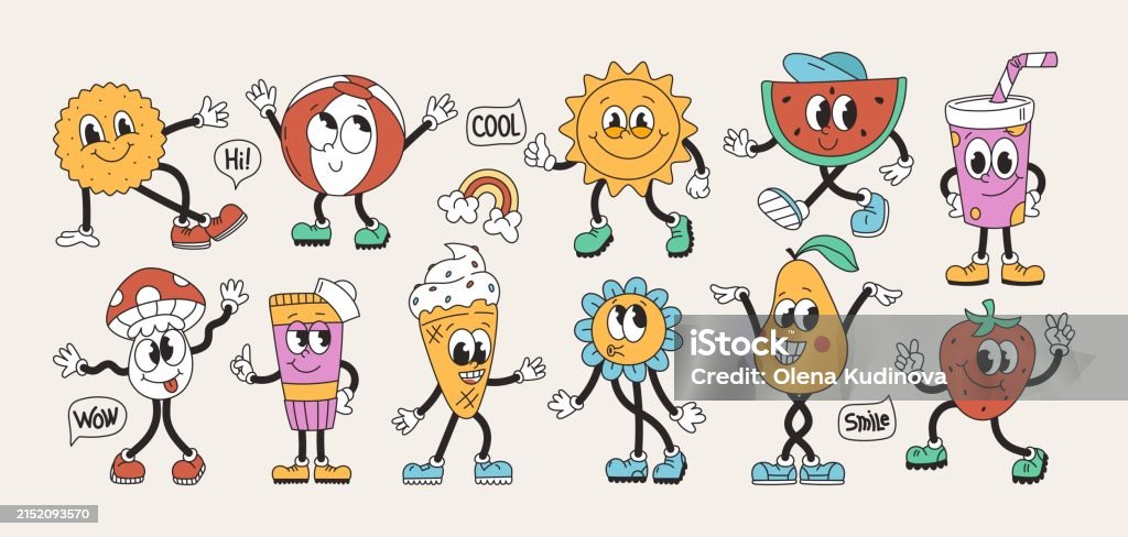 Object Groovy Big Set Of Retro Groovy Characters Funny Vintage Mascot Vector Elements ...