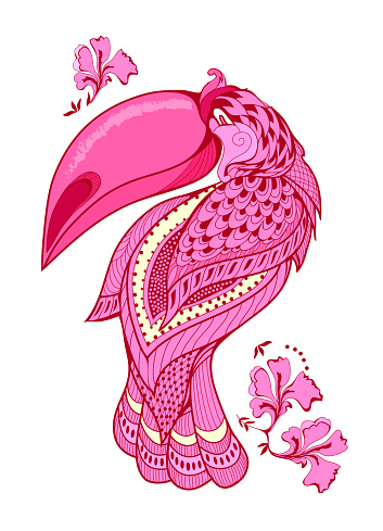 Fantasy illustration of rose toucan. Fairyland exotic bird. Stylized print for badge, logo, label, icon, t-shirt, tattoo. Abstract decoration. Hand drawn vector. Flat cartoon drawing.