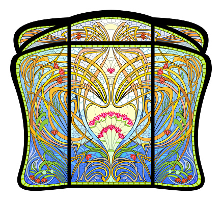 Art Nouveau stained glass window with fantasy floral motives. Template for design, wallpaper, background, decoration. Architecture in Western Europe. Vector drawing. Art deco architecture style.
