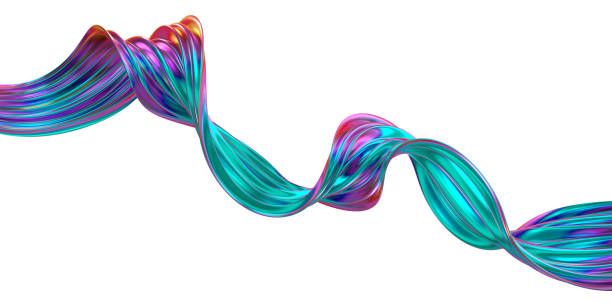 Abstract metallic colorful wavy line flow. Isolated iridescent ribbon. 3D rendered art.