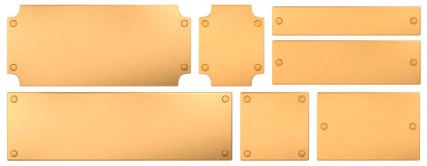 istock Golden plaque with rivets. Isolated metallic nameboards set. 3D rendering. 2152095300
