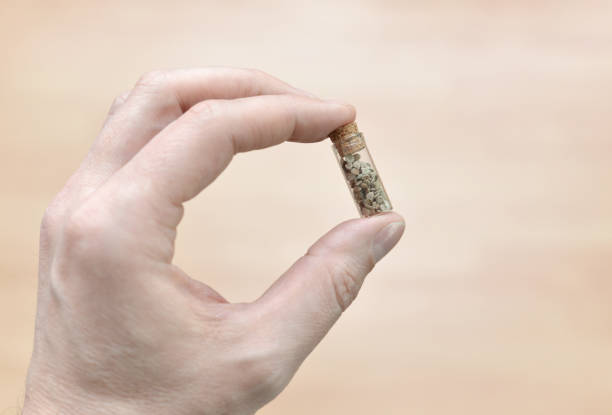 Closeup of a man's hand holding plant seeds in a glass vial tube.