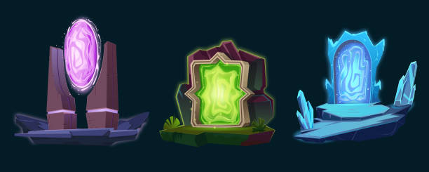 istock A set of portals in a cartoon style. Teleportation point, transition to another dimension, wormhole. Visual effects, a clot of energy, plasma. Ice portal, stone pillars gate, stone door portal, vector 2152097669