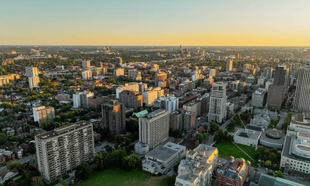 Downtown Ottawa at golden hour from the air