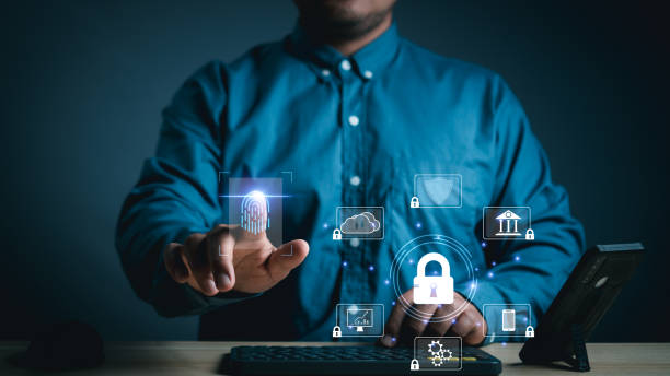 istock Cyberspace security internet protection personal information. businessman Unlock with fingerprint scanner Username and password secret code for safety data on internet cloud virtual interface lock. 2152104075