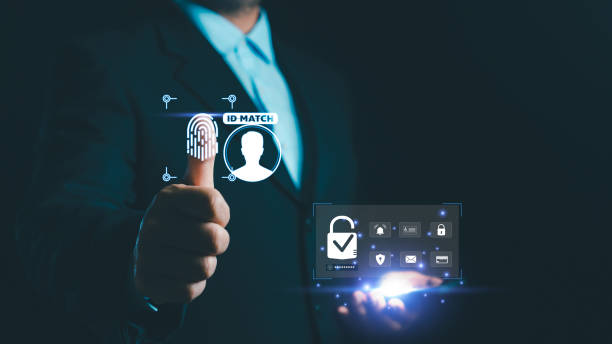 istock Cyberspace security internet protection personal information. businessman Unlock with fingerprint scanner Username and password secret code for safety data on internet cloud virtual interface lock. 2152104095