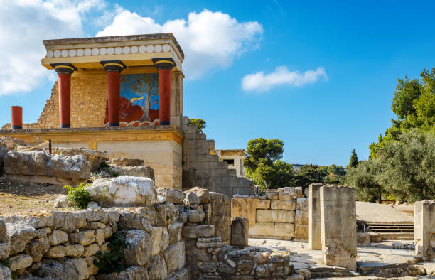 Palace of Knossos, Crete, Greece. The site was a major center of the Minoan civilization and is known for its association with the Greek myth of Theseus and the minotaur.