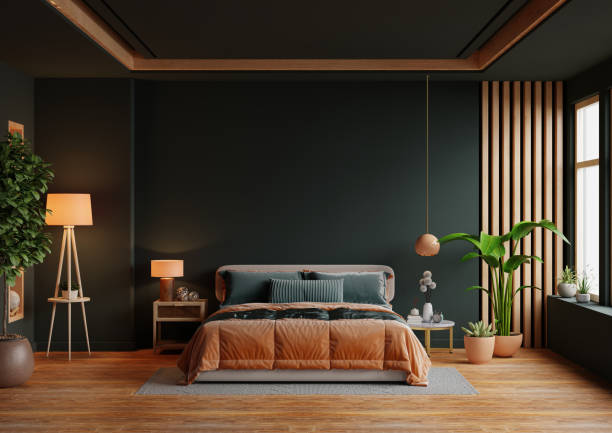 istock Orange bed and mockup dark green wall in bedroom interior- 3D rendering 2152107582