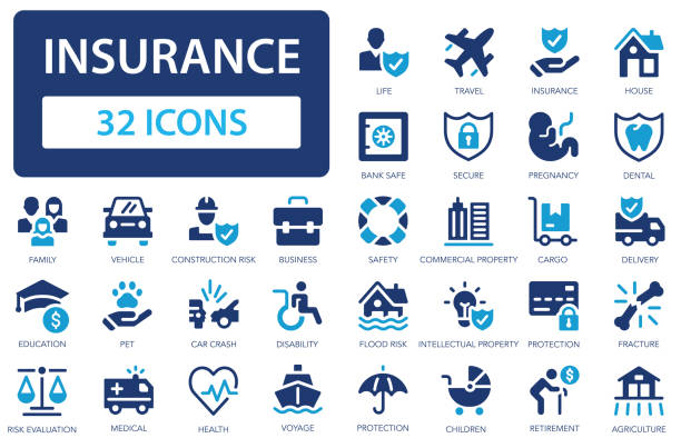 illustrazioni stock, clip art, cartoni animati e icone di tendenza di collezione di icone assicurative. set di assicurazioni sulla vita, sulla salute e sulla proprietà. assicurazione auto, casa, viaggio. semplice icona vettoriale piatta. - incidente dei trasporti immagine