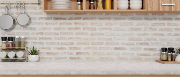 istock A display space on a white kitchen tabletop against the brick wall in a minimalist farmhouse kitchen 2152119865