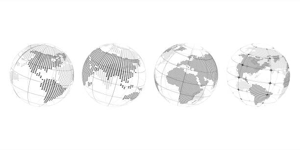 Set of black and white dotted digital transparency vector globes of Earth Set of black and white dotted digital transparency vector globes of Earth with realistic of world map on white and black background. europe map white stock illustrations