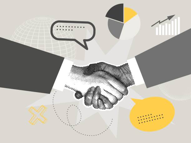 Trendy halftone collage of business concept. Vector illustration of partnership, agreement, contract signing, business growth, global strategy. Creative concept for web banner, social media banner, business presentation, marketing material. Vector illustration