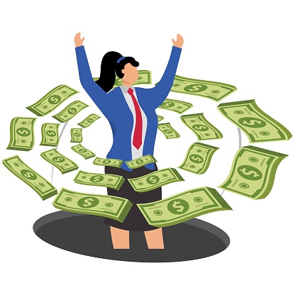 Money rains, financial freedom is achieved, money is made, lucrative income, salary or profit is earned, wealth is accumulated, happy businesswomen are surrounded by encircling banknotes
