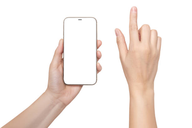 istock A woman's hand holds a phone Mockup and the second hand with a finger presses a button or scrolls. Isolated on white background close up 2152135721
