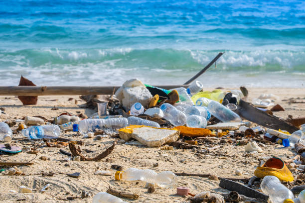 Trash, plastic cups and plastic bags at the beach. environmental problem concept and healing the world