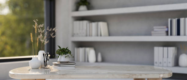 istock A copy space for displaying products on a marble table in a room with a large bookshelf. 2152139403