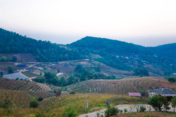 Morning landscape  panorama with mountains and valley in Mae Rim at dawn, Pong Yaeng, Mae Rim District, Chiang Mai province near Royal Project Nong Hoi