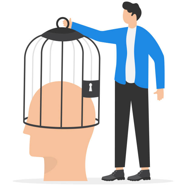istock Businessman take cage from man head free his mind to new ideas and knowledge, concept of brain free from imprisonment, creative thinking and unlock potential, vector illustration 2152141164