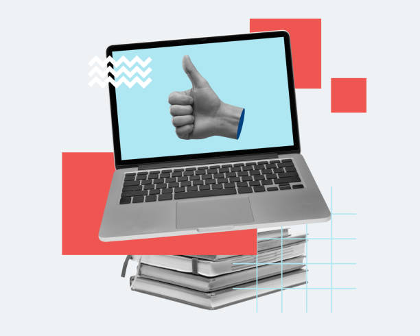 istock Poster. Contemporary art collage. Laptop computer sitting on stack of colorful books with thumb-up on screen. Feedback. 2152143095