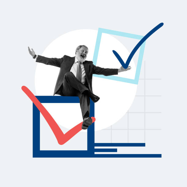 istock Poster. Contemporary art collage. Happy elderly man sitting on cube with check mark against abstract background. 2152143100