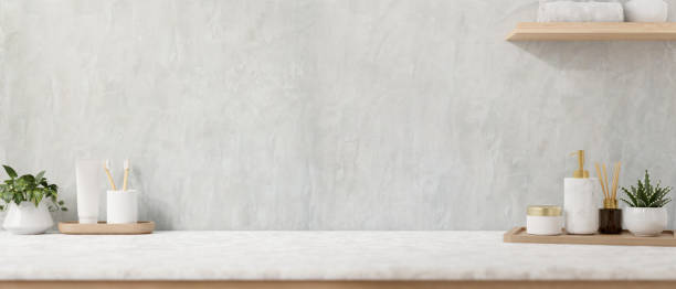 istock A modern luxurious bathroom table against the wall features a toiletry set. 2152145001