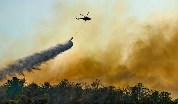 istock Fire fighting helicopter carry water bucket to extinguish the forest fire. 2152146090