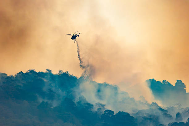 istock Fire fighting helicopter carry water bucket to extinguish the forest fire. 2152146132