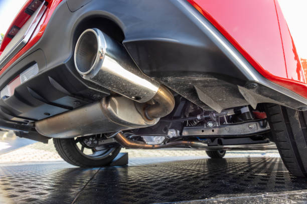 istock Rear car exhaust pipe and suspension. 2152146144