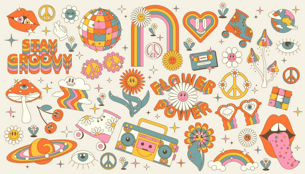 Groovy hippie 70s set. Funny cartoon flower, rainbow, peace, Love, heart, daisy, mushroom etc. Sticker pack in trendy retro psychedelic cartoon style. Isolated