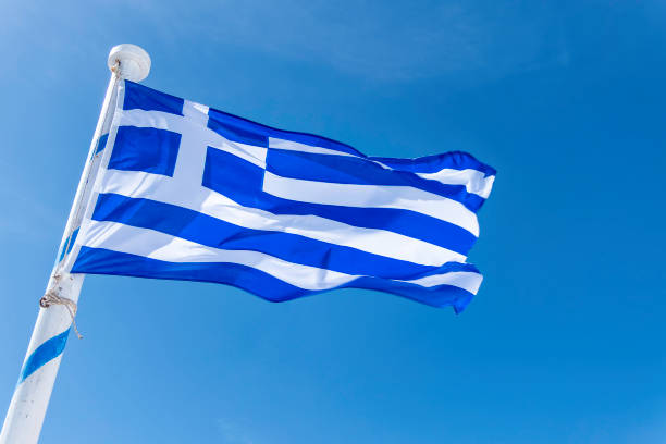 istock Greece, Santorini, Greek flag on the path between Fira and Oia 2152146677