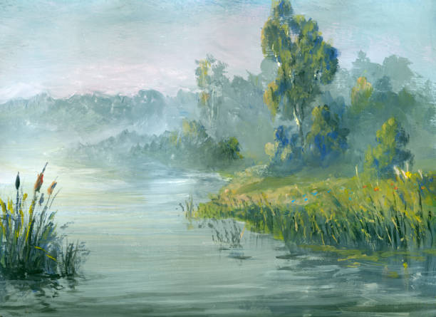istock morning fog over the river, painting 2152147050