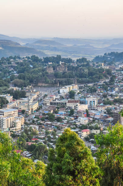 Aerial View of the City of Gondar at Sunset Looking down on Gondar as the sun sets over the city. Gondar is a city in Ethiopia's northern region of Amhara. ethiopia city stock pictures, royalty-free photos & images
