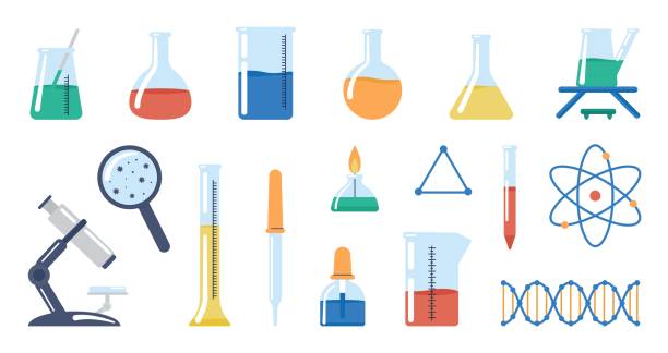 Science equipment. Glass laboratory tubes, dna molecule, burner and pipette. Chemistry or medical research tools, decent vector flat collection Science equipment. Glass laboratory tubes, dna molecule, burner and pipette. Chemistry or medical research tools, decent vector flat collection of equipment laboratory illustration test tube stock illustrations