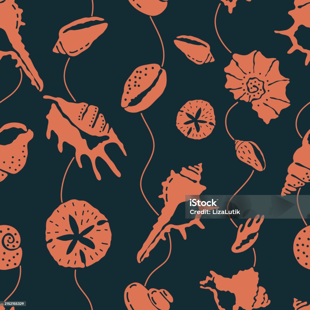 Orange Sea Shell Print Pattern Sea Shell Hand Drawn Vector Seamless Pattern Stock Illustration ...