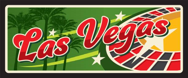 Las Vegas american city plate and travel sticker. USA journey vintage plaque, United States of America city vector tin sign with casino roulette, memory souvenir with gambling games symbol