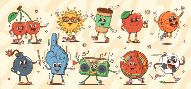 Cartoon groovy characters, cherry and apple, watermelon and bomb, soccer and basketball balls, coffee cup and sun, fan glove and tape recorder. Vector funky personages in hippie vintage cartoon style