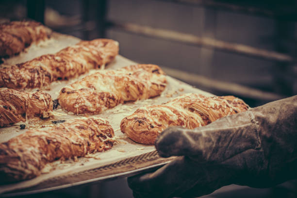 istock Professional baker holding baking tray with freshly baked cheese croissants 2152163482