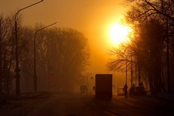 Russia. The South of Western Siberia. Morning colors of the rising sun on a frosty morning in the suburbs of Novokuznetsk.