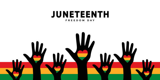 Black hands with hearts in the colors of the Juneteenth flag. Juneteenth Freedom Day banner. Black History Month. Celebrating racial equality, freedom and human rights. Vector Illustration Black hands with hearts in the colors of the Juneteenth flag. Juneteenth Freedom Day banner. Black History Month. Celebrating racial equality, freedom and human rights. Vector Illustration. juneteenth stock illustrations