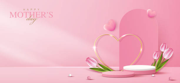 istock Display podium for Mother's day, Valentine's Day with heart and flower. minimal pink background. product display presentation. studio room concept, minimal wall scene. vector design. 2152168625