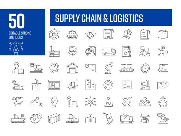 Supply Chain Management Line Icon Set. Logistics, Production, Trade, Planning.