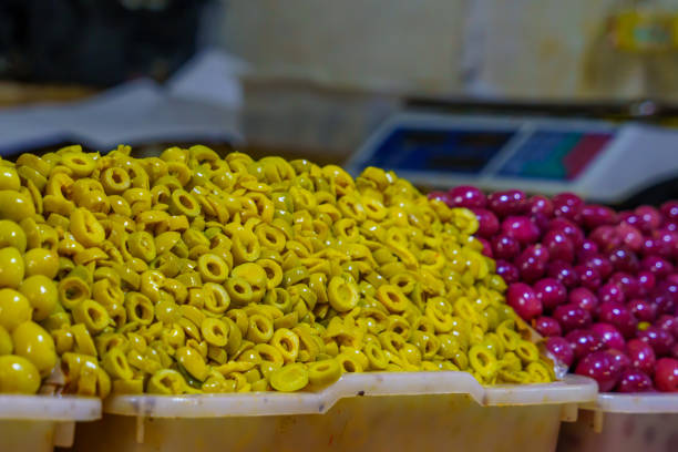 View of olives on display for sale, in the market of the Old Medina, Casablanca, Morocco